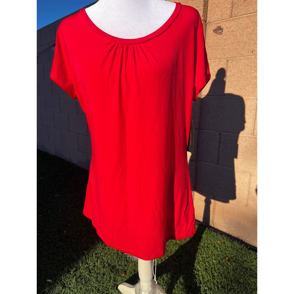 Worthington Womens Red Short Sleeve Scoop Neck Pleated Blouse Top Size L NWT